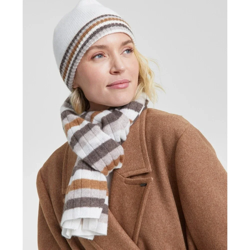 Charter Club Cashmere Stripe Cuffed Beanie Women's One Size Warm Praline